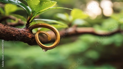 Close-up of curled plant tendril with water droplet on branch, nature detail