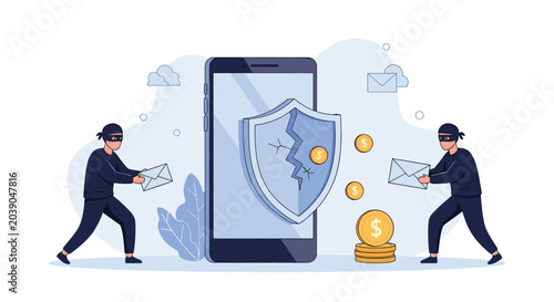 Two thieves stealing envelopes and gold coins from a smartphone with a cracked digital security shield illustration.