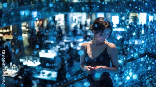 Young woman in sparkly dress surrounded by blue bokeh lights in a modern store
