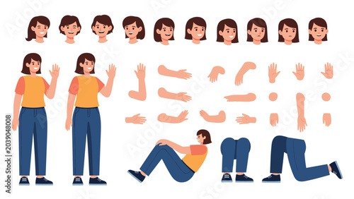 Comprehensive character creation kit featuring a female figure with various facial expressions, arm positions, and leg poses for animation design.