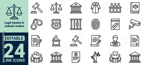 Schilderij op canvas Legal System and Judicial Justice Icon Set Featuring Gavel Scales Courthouse Jud