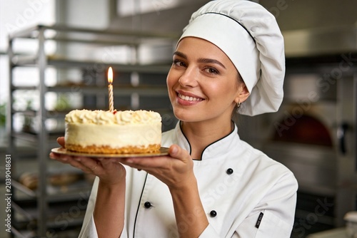 Female chef holding a cake with a candle.