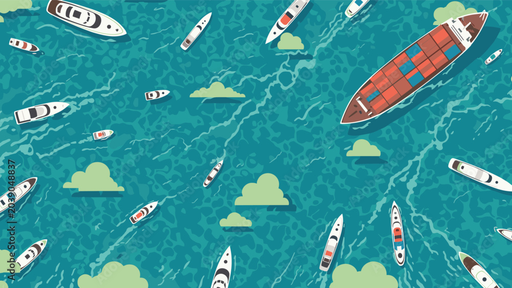 Fototapeta premium Top down view of numerous white yachts and a large red cargo ship sailing through turquoise ocean water with small clouds.