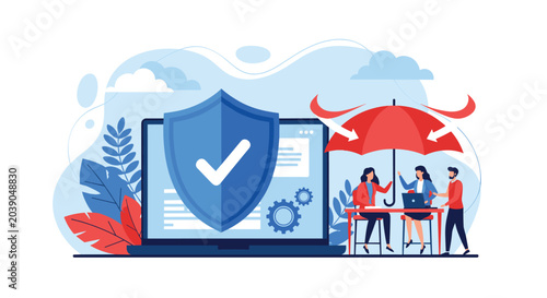 Online data insurance and cyber security concept with tiny people under a large red umbrella protecting a laptop with a blue shield icon.