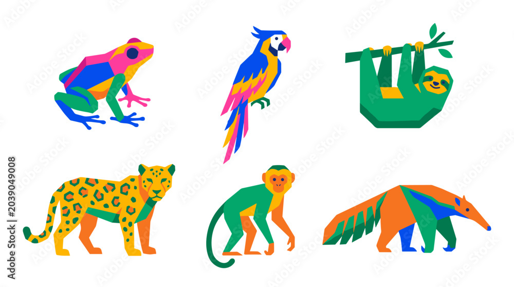 Fototapeta premium Vibrant Geometric Jungle Animals Collection: Frog Macaw Sloth Leopard Monkey Anteater Icon Set