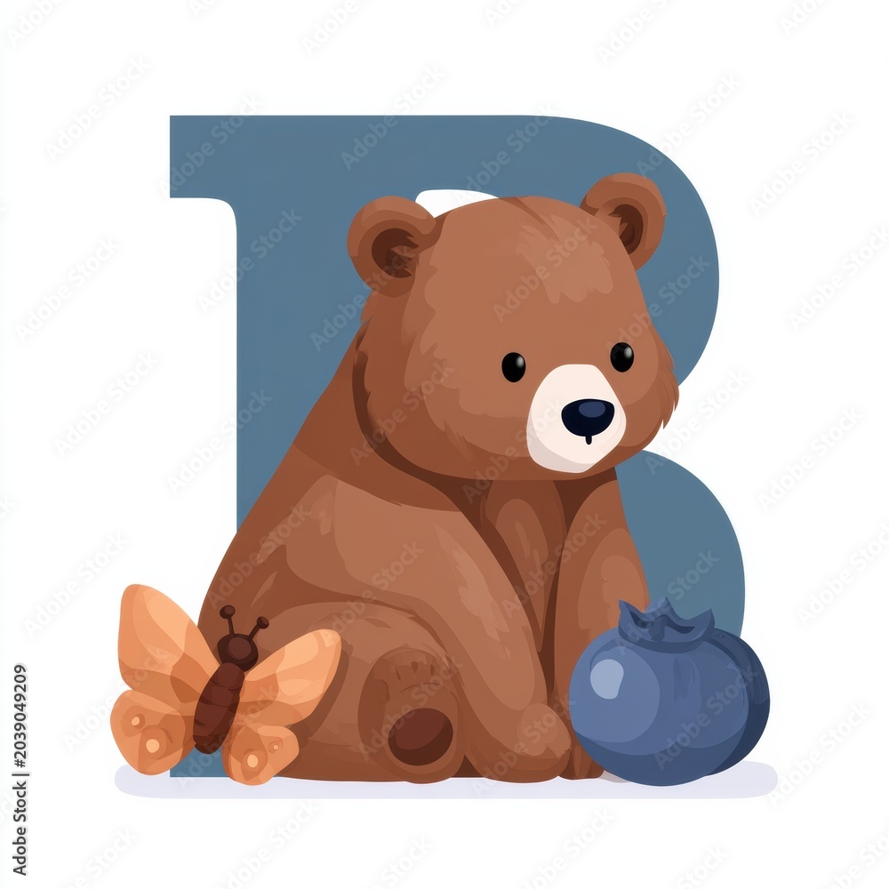 Obraz premium This illustration features a lovable flat cartoon bear a delicate butterfly and a round blueberry together forming a creative letter B alphabet tile.