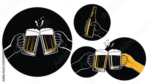 Set of black and white graphic icons showing hands clinking beer mugs and holding a bottle during a social celebration.