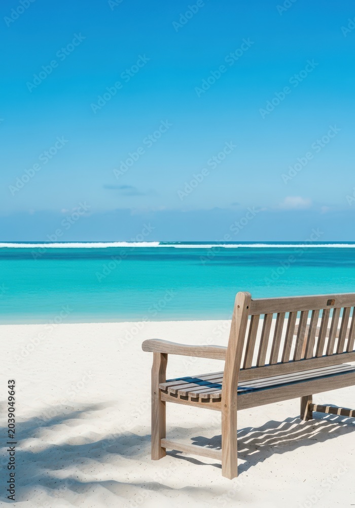 Fototapeta premium A serene wooden bench awaits relaxation on a pristine white sand beach, offering breathtaking panoramic views of the turquoise ocean and bright blue sky, dreamy, exotic, tranquil