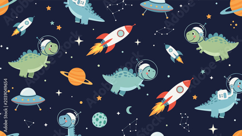 Playful seamless pattern for kids featuring dinosaurs in astronaut suits exploring space with rockets and planets.