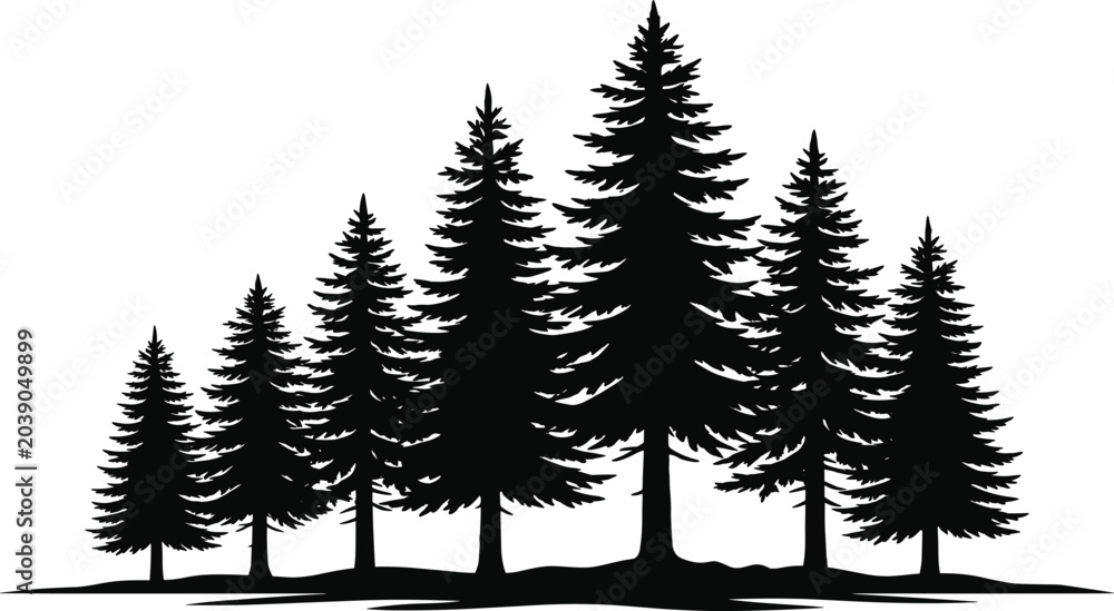 Fototapeta premium Pine trees forest black silhouette icon isolated on plain white background for outdoor adventure and nature environmental design