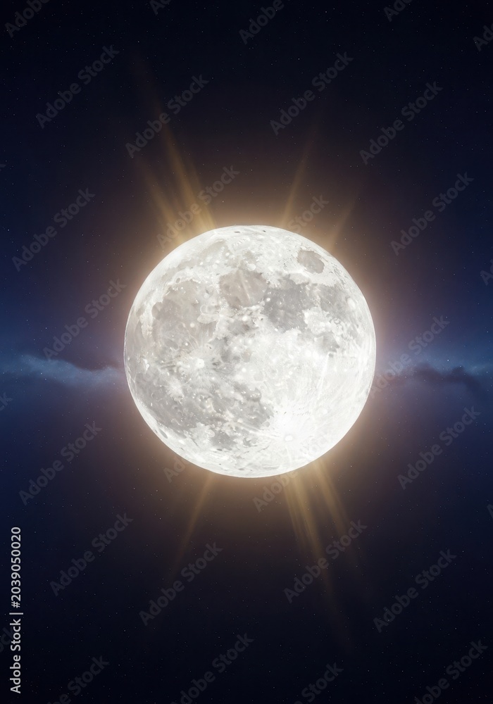 Obraz premium Bright full moon suspended in the dark expanse of the cosmos, illuminated dramatically by powerful beams of distant solar radiation, contrast, shadow, planetary