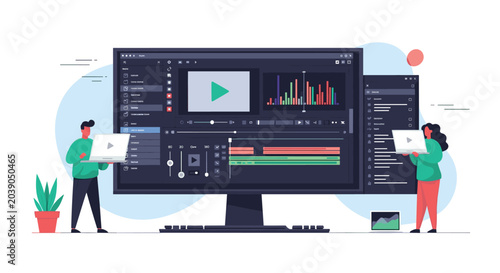 Team of video editors working on a large computer screen with professional software for post-production and content creation.