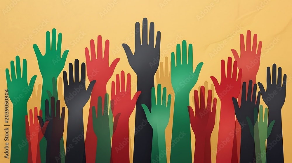 Fototapeta premium Diverse group of people raising hands up in the air together