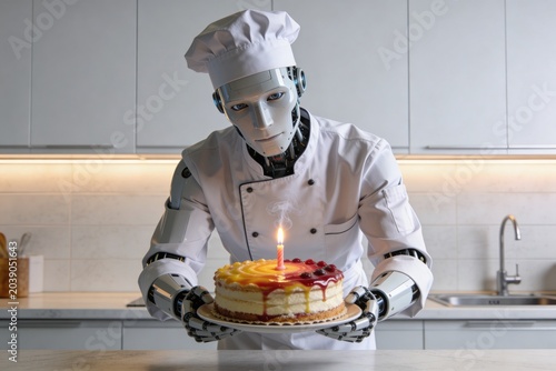 Robot chef holding a cake with a candle.