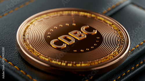 Goldbraune Münze mit CBDC-Aufschrift liegt auf einer schwarzen Lederoberfläche.