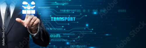 Business professional managing smart transportation systems through a digital interface, showcasing logistics innovation, supply chain connectivity, and modern mobility solutions.