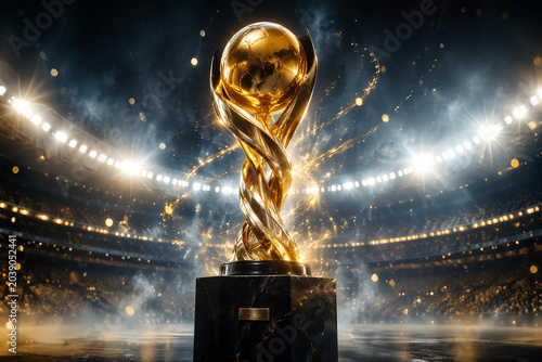Golden Champion Trophy Concept with Magical Light Streaks in Night Stadium