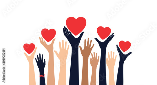 Diverse group of people hands raising red heart symbols against a plain background representing love and global unity.