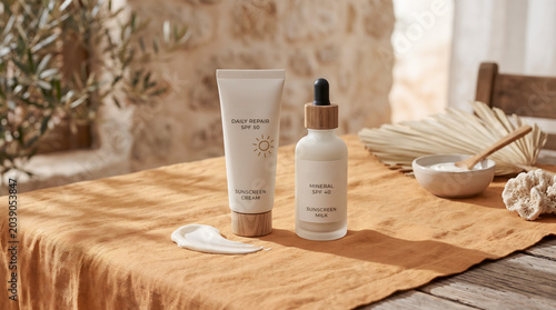 luxury summer skincare still life with elegant sunscreen cream sun doodle beside minimalist SPF bottle on muted saffron linen textured background