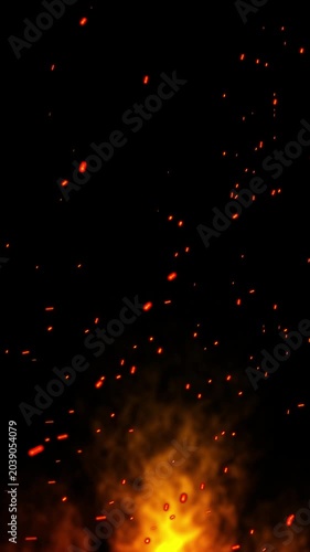 Fire embers particles over black background, Fire flames burning realistic fire particles and smoke overlay background Flying sparks and embers from a fire, Abstract dark glitter fire particle lights