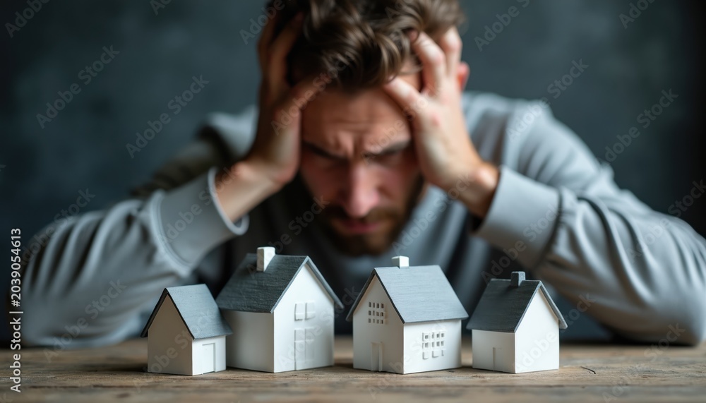 Obraz premium Man with hands on head, looks at house models. Frustrated person faces housing finance problems and worries about mortgage and future home purchase decisions.