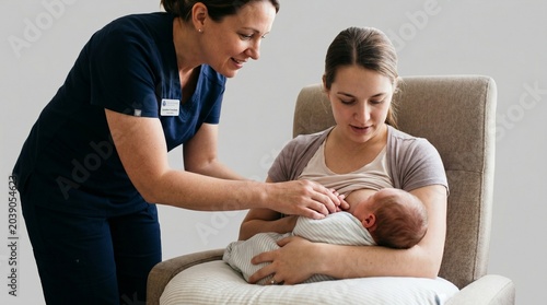A lactation consultant helps a young mother correctly attach her baby to the breast, professional atmosphere, high-quality, clear and detailed photo, isolated background.