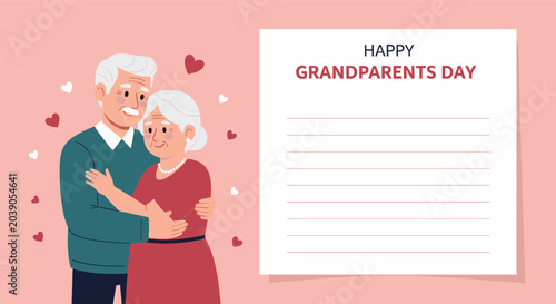Happy grandparents day greeting card featuring an elderly couple hugging with a blank message space on the side.