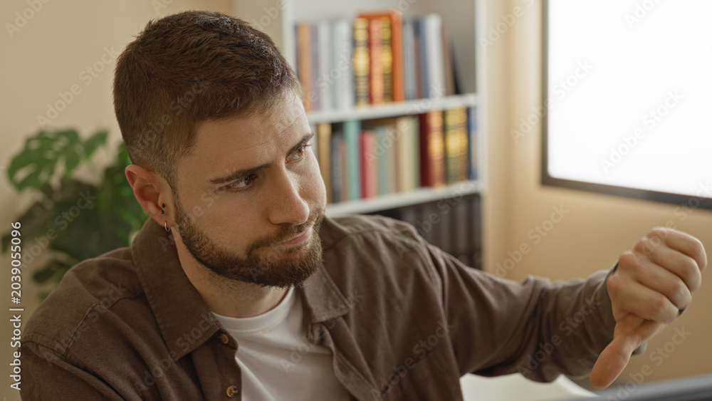 Obraz premium Man at computer shows thumbs down with right hand beside monitor in building, bookshelf and plant visible; frustration concentration.