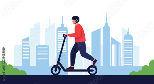 Active person wearing a safety helmet riding an electric kick scooter through a modern city with tall buildings and green park areas.
