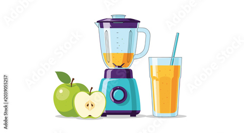 Electric blender filled with orange juice stands next to a full glass and fresh green apples illustrating healthy lifestyle and nutrition.