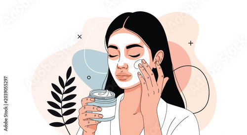 Young woman with long dark hair applies a white cosmetic face mask from a jar to her skin for a home spa treatment and daily beauty routine.