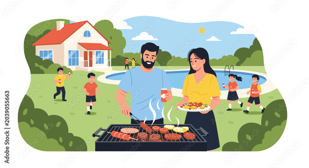 Naklejka premium Happy family having a backyard barbecue party with parents grilling food while children play near the house and swimming pool on a sunny day.