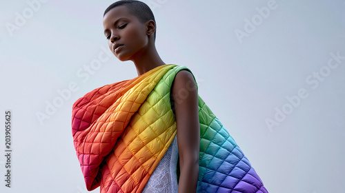 Ein Model mit kurzem Haar trägt einen leuchtend regenbogenfarbenen gesteppten Schal vor hellem Hintergrund.