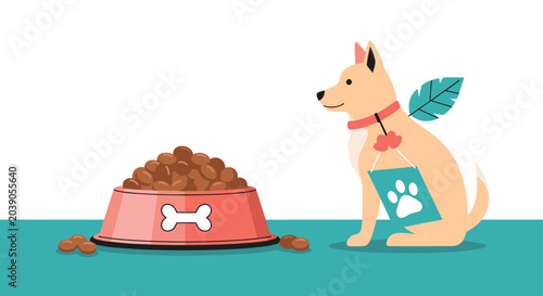 Cute tan dog with a small green wing accessory on its back looks longingly at a red bowl filled with plenty of brown kibble dog food.