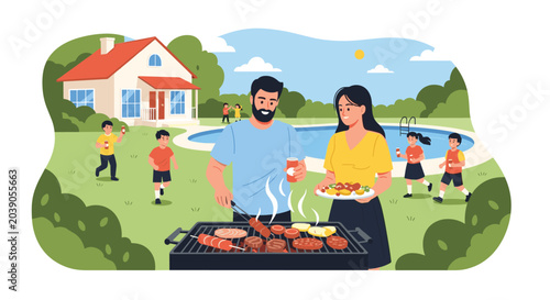 Happy family having a backyard barbecue party with parents grilling food while children play near the house and swimming pool on a sunny day.