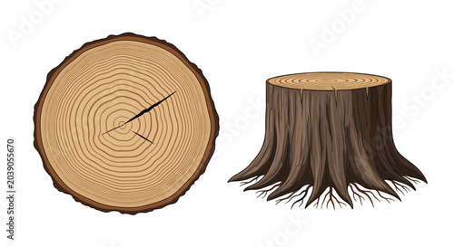Illustration displays two views of a tree trunk showing the internal annual growth rings in a cross section and an external stump with roots.