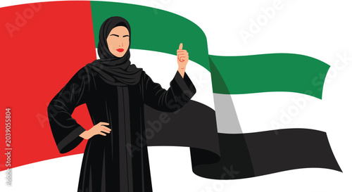 Proud Arab woman wearing a black abaya and hijab giving a thumbs up in front of the waving flag of the United Arab Emirates.