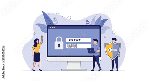 Small team of IT professionals working on computer security, passwords, and data protection for a digital platform.