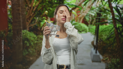 Foto Woman holding a miniature shopping cart, hand on forehead for headache while standing on a street walkway bordered by lush plants and palms; shopping frustration