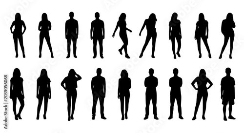 Vector silhouettes man and women, illustration. Silhouettes of young people posing in casual clothes. Transparent background PNG version.