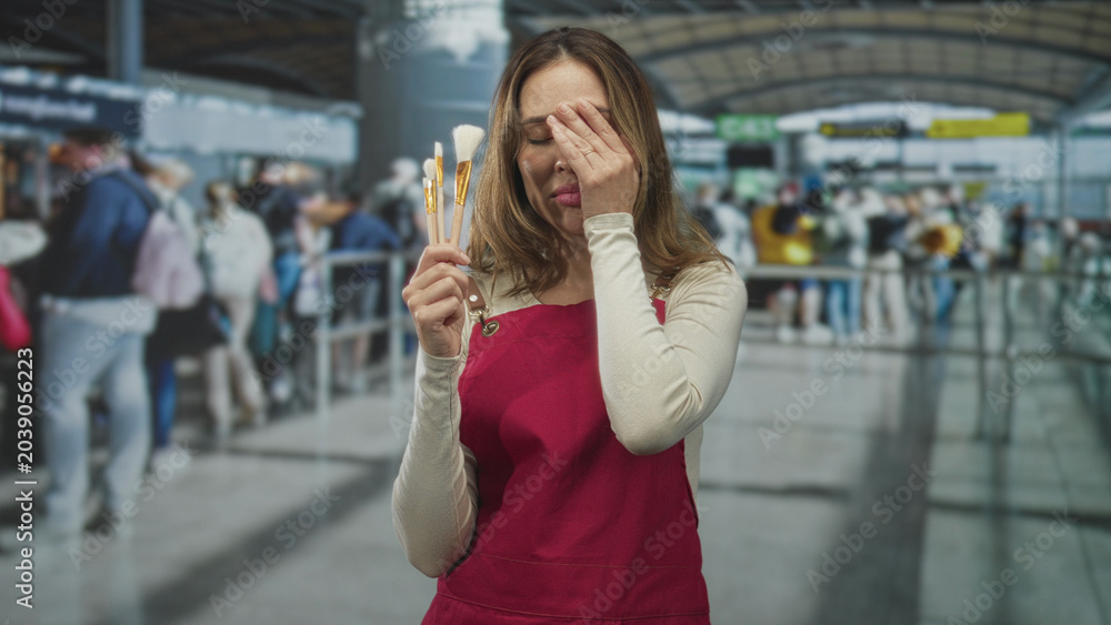 Fototapeta premium Woman holding makeup brushes, covering one eye and wearing red apron in airport check in line; travel fatigue.