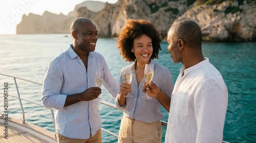 Three black friends laughing together with champagne on luxury yacht near rocky coastline