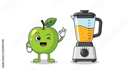 Cute green apple character giving an okay sign next to a blender filled with fresh orange juice for a healthy lifestyle.