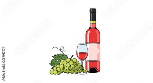 Elegant arrangement of a rose wine bottle with a filled glass and a bunch of fresh green grapes on a clean white background.