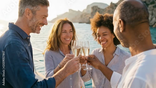 Group of mature multiethnic friends toasting champagne on luxury yacht during sunset at ibiza coast