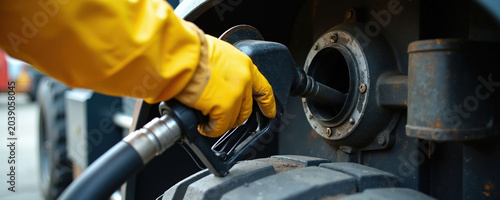 Yellow gloved hand holds fuel nozzle inserting into heavy vehicle fuel tank. Close view of machinery refueling process. Industrial vehicle service at refueling station. Gas station work detail.