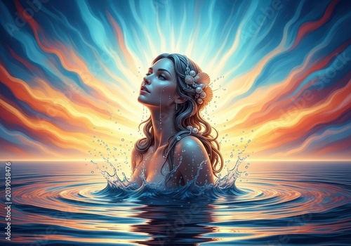 Majestic digital artwork depicting a mythical figure rising from the ocean, symbolizing eternal beauty, love, and classical mythology, neoclassicism, sea, digital