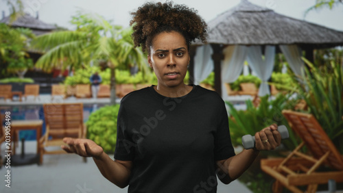 Bild auf Leinwand Woman holding a dumbbell and shrugging in a building pool area with loungers and cabana visible; confusion fitness