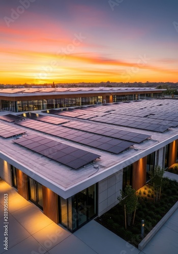 Solar panels on the roof of a modern brewery facility demonstrate a commitment to renewable energy and sustainable beverage production efforts, energy, production, efficiency