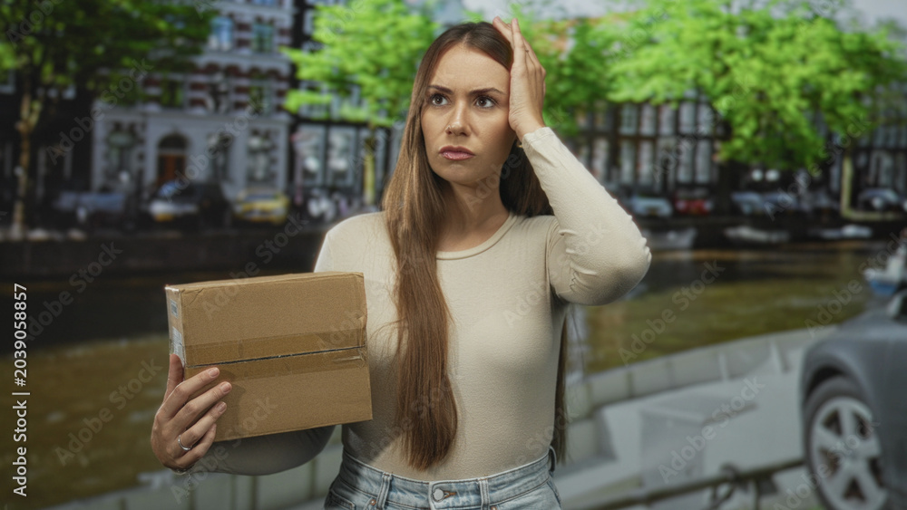 Fototapeta premium Young hispanic woman holding taped cardboard box, palm to forehead and hand on head gesture, perplexed face, standing beside canal and parked car on street; frustration delivery problem.